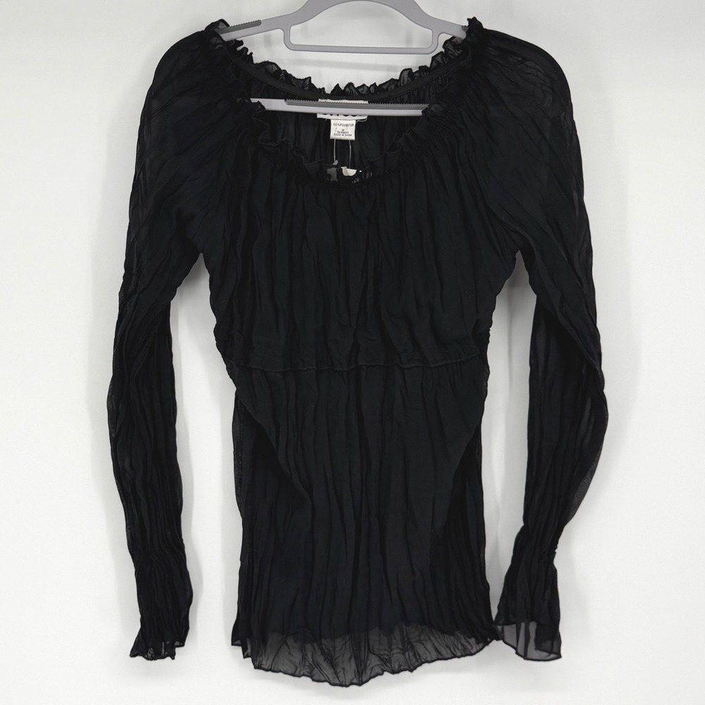 Effeci Creazioni Black Crinkle Sheer Blouse M Ruched Peasant Top NWT Y2K